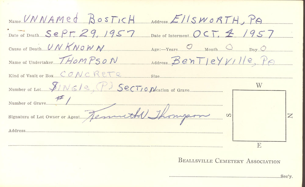 Unnamed Bostich burial card